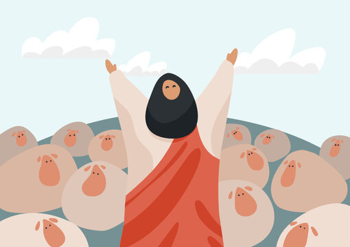 Draw cartoon Jesus and lambs as a vector, able to be used with various media and designs.
