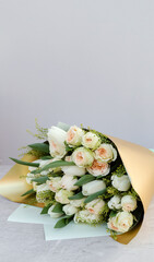 Bouquets of different flowers. Floristry spring background.