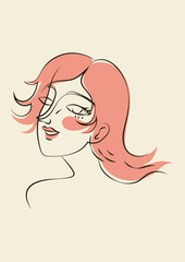 Hand drawn line art sophisticated woman portrait in minimalistic abstract graphic style. Sketch in soft pastel colors. Sensual. Bare skin. Isolated illustration. Light-skinned European woman