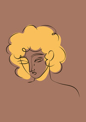 Hand drawn line art sophisticated woman portrait in minimalistic abstract graphic style. Sketch in soft pastel colors. Sensual. Bare skin. Isolated illustration. Black African woman with golden curls