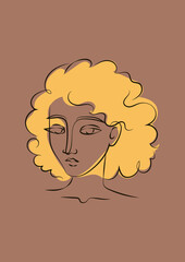 Hand drawn line art sophisticated woman portrait in minimalistic abstract graphic style. Sketch in soft pastel colors. Sensual. Bare skin. Isolated illustration. Black African woman with golden curls