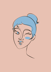 Hand drawn line art sophisticated woman portrait in minimalistic abstract graphic style. Sketch in soft neutral pastel colors. Sensual. Bare skin. Isolated illustration. Swarthy Asian woman