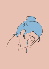 Hand drawn line art sophisticated woman portrait in minimalistic abstract graphic style. Sketch in soft neutral pastel colors. Sensual. Bare skin. Isolated illustration. Swarthy Asian woman