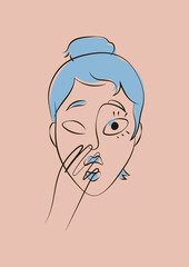 Hand drawn line art sophisticated woman portrait in minimalistic abstract graphic style. Sketch in soft neutral pastel colors. Sensual. Bare skin. Isolated illustration. Swarthy Asian woman