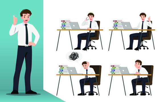 Flat design concept of Businessman with different poses, working and presenting process gestures, actions and poses. Vector cartoon character design set. 