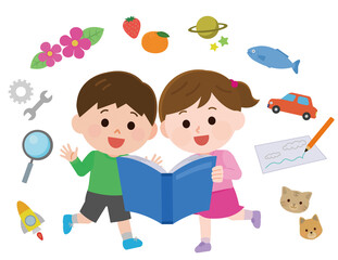 本を読んで知識を得て夢を膨らませる子供　イラスト