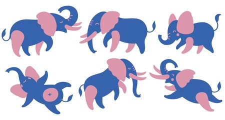 Set of colored elephants. Cute cartoon elephants in different poses. Illustration isolated on white background. Blue and pink, modern flat illustrations