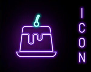 Fototapeta premium Glowing neon line Pudding custard with caramel glaze icon isolated on black background. Colorful outline concept. Vector.