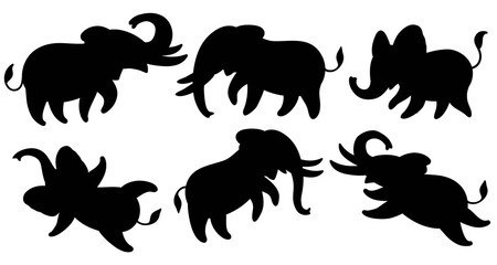 Set of black silhouettes of elephants. Cute cartoon elephants in different poses. Illustration isolated on white background.