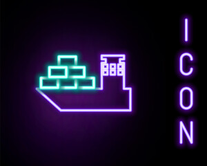 Glowing neon line Cargo ship icon isolated on black background. Colorful outline concept. Vector.