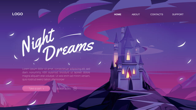 Night dreams banner. Fantasy event, party, festival or celebration. Vector landing page with cartoon landscape with fairy tale magic castle in mountains at night