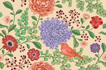 Vogel auf den Ästen eines Baumes. Nahtloses Blumenmuster. Vektor. © marinavorona