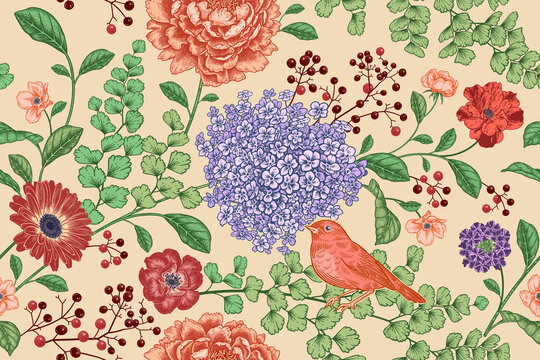 Bird on the branches of a tree. Floral seamless pattern. Vector.