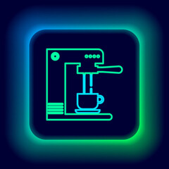 Glowing neon line Coffee machine and coffee cup icon isolated on black background. Colorful outline concept. Vector.