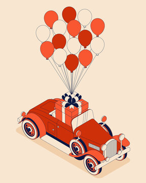 Retro car convertible with big bouquet of tulips. Vintage car from 30s in red color. Greeting card for women on a holiday