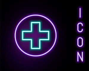 Glowing neon line Medical cross in circle icon isolated on black background. First aid medical symbol. Colorful outline concept. Vector.