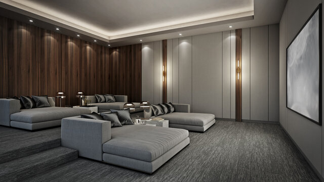 Sofa bed in modern home theater room, 3D render