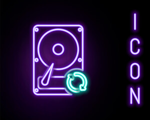 Fototapeta premium Glowing neon line Hard disk drive HDD sync refresh icon isolated on black background. Colorful outline concept. Vector.