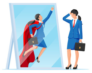 Obraz premium Businesswoman facing herself as superhero in mirror. Business ambition and success concept. Symbol of power, leadership, courage, bravery. Achievement and goal. Flat vector illustration