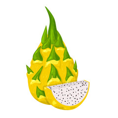 Fresh whole and cut slice yellow pitaya fruits isolated on white background. Summer fruits for healthy lifestyle. Organic fruit. Cartoon style. Vector illustration for any design.