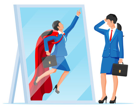 Businesswoman facing herself as superhero in mirror. Business ambition and success concept. Symbol of power, leadership, courage, bravery. Achievement and goal. Flat vector illustration