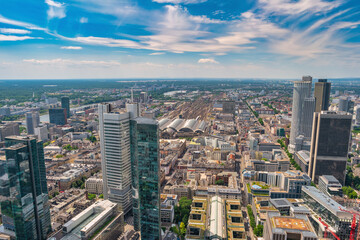 Naklejka na ściany i meble Frankfurt Germany, high angle view city skyline at business center and Frankfurt Main Station