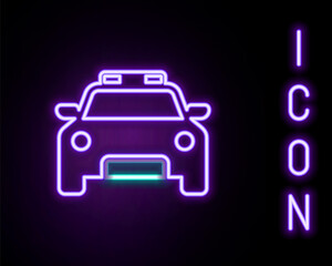 Glowing neon line Police car and police flasher icon isolated on black background. Emergency flashing siren. Colorful outline concept. Vector.