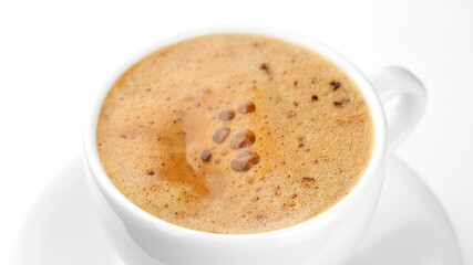 coffee in white cup on white background. perfect breakfast