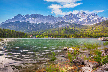 Fototapeta na wymiar Garmisch Partenkirchen Germany, Zugspitze peak and Alps mountain range with Eibsee lake