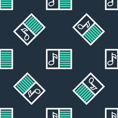 Line Music book with note icon isolated seamless pattern on black background. Music sheet with note stave. Notebook for musical notes. Vector.