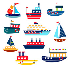 A set of different bright ships for children illustrations. Stylized ships at sea. Vector illustration isolated on white background. Collection for decor use, cards, flyers and brochures, invitations
