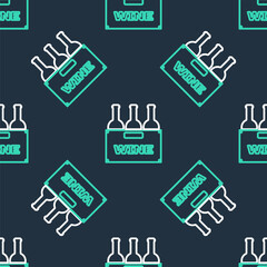 Line Bottles of wine in a wooden box icon isolated seamless pattern on black background. Wine bottles in a wooden crate icon. Vector.