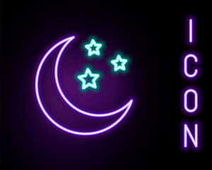 Glowing neon line Moon and stars icon isolated on black background. Colorful outline concept. Vector.