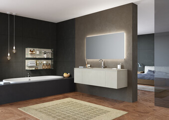 Bagno moderno con vasca incassato su zona notte, camera da letto, rendering 3d