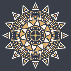 Abstract circular ornament. Ethnic mandala. Stylized sun symbol. Rosette of geometric elements. Tribal ethnic motif. Color print. Round  pattern. Decorative vector design element.