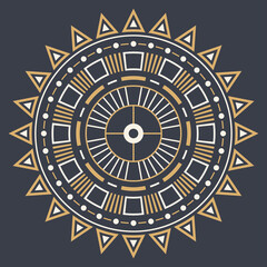 Abstract circular ornament. Ethnic mandala. Stylized sun symbol. Rosette of geometric elements. Tribal ethnic motif. Color print. Round pattern. Decorative vector design element.