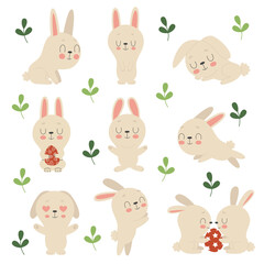 Set of cute Easter bunnies, flowers and decorated eggs on a white background. Traditional symbol of Easter. Funny animals in different poses.