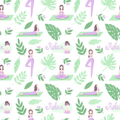 Seamless vector pattern on the theme of relaxation and yoga. Pastel background with a woman in asanas and leaves for fabrics, decoration, design, wallpaper, stationery, prints, wrapping paper, etc.