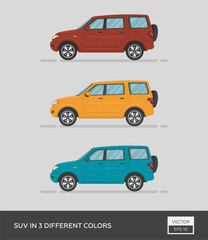 Urban vehicle. SUV in 3 different colors. Cartoon flat illustration, auto for graphic and web design.