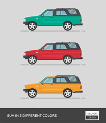 Obraz premium Urban vehicle. SUV in 3 different colors. Cartoon flat illustration, auto for graphic and web design.