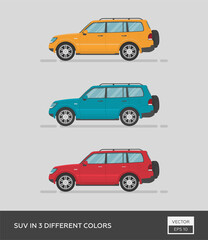 Urban vehicle. SUV in 3 different colors. Cartoon flat illustration, auto for graphic and web design. © Rimsky