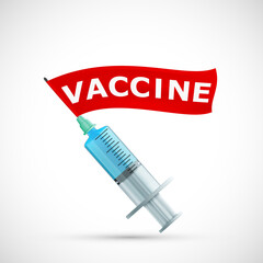 Syringe with vaccine and red ribbon.