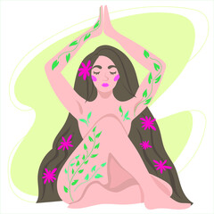 Young woman meditates. Unity with nature. Vector Cartoon Illustration. 
The girl is engaged in yoga.