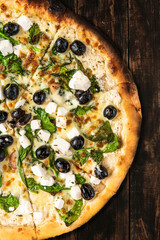 Tasty Pizza on Wooden Boards. Top Down Overhead View. Menu Brochure Layout Design.