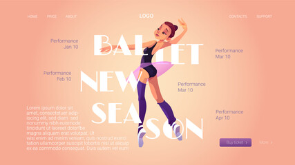 Ballet new season poster with ballerina and performance schedule. Vector landing page of classic theater dance show with cartoon illustration of girl dancer in tutu dress and pointe shoes