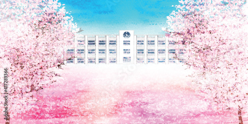 桜 水彩 学校 風景 Wall Mural Wallpaper Murals J Boy