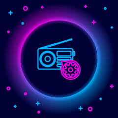 Obraz premium Glowing neon line Radio with antenna and gear icon isolated on black background. Adjusting app, service concept, setting options, maintenance, repair, fixing. Colorful outline concept. Vector.