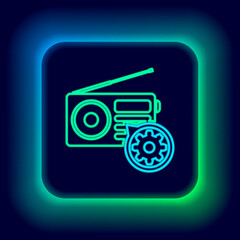 Glowing neon line Radio with antenna and gear icon isolated on black background. Adjusting app, service concept, setting options, maintenance, repair, fixing. Colorful outline concept. Vector.