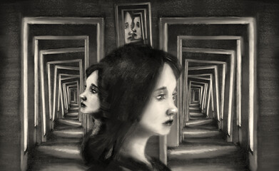 Porträt eines Mädchens im Profil vor dem Hintergrund versteckter Korridore © Maxim