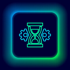 Glowing neon line Hourglass and gear icon isolated on black background. Time Management symbol. Clock and gear icon. Productivity symbol. Colorful outline concept. Vector.